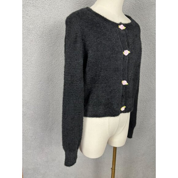 Madden Girl Women's Black Fuzzy Sweater With Flower Buttons M NWT's. - Picture 3 of 8